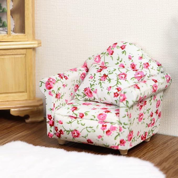 Dollhouse Couch with Pillow 1 12 Scale Miniature Sofa Arm Chair Living Room Furniture Wooden Fabric Frame Single Reading Chair Artificial House Room Scene Decoration (Rose Floral)