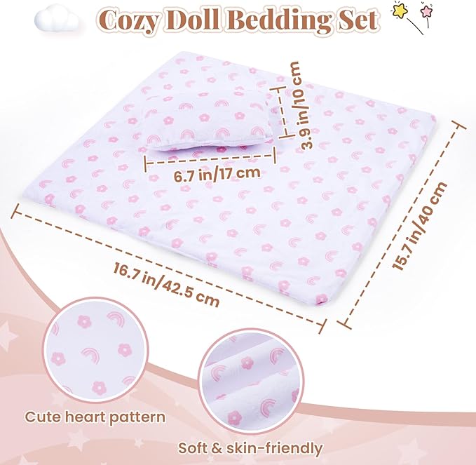 BABESIDE 3 Pcs Baby Doll Crib with Bedding Set for 12-16 Inch Babydolls, Wooden Dolls Furniture Doll Bed with Pillow and Blanket for Realistic Baby Doll Accessories