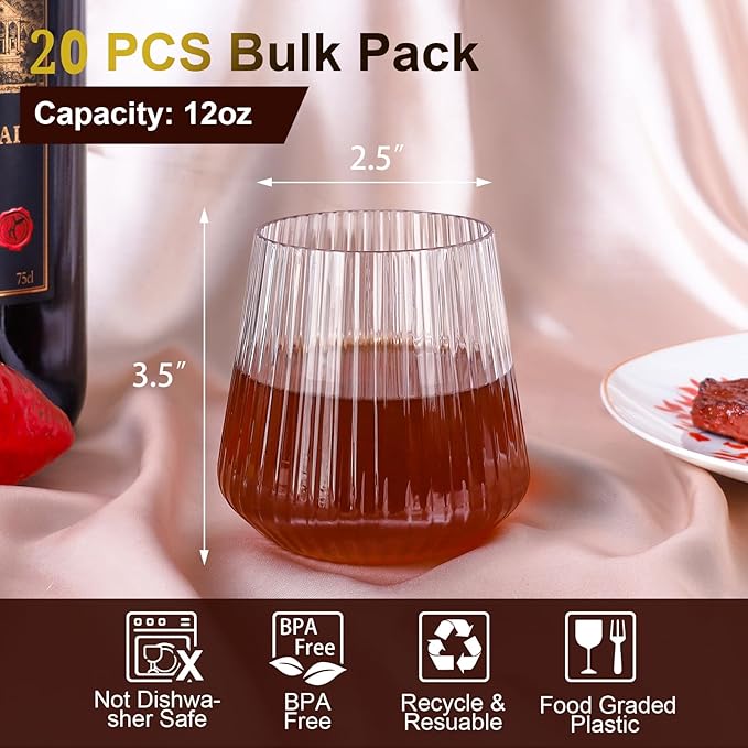 Lueumxc 20 Pack Plastic Ribbed Wine Glasses, 14Oz Origami Disposable Wine Glasses Unbreakable Clear Plastic Cocktail Glasses Recyclable Shatterproof Reusable Wine Cups (14oz-20pack)