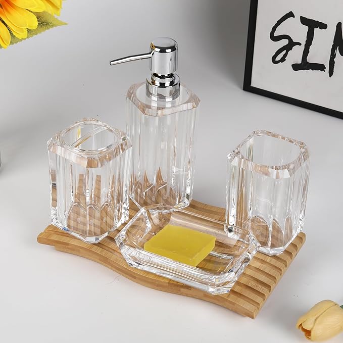 Clear Bathroom Accessories Set, Bathroom Accessories, 4 Pcs Acrylic Bathroom Accessories Sets Hand Sanitizer Bottle, Lotion Can, Separate Bottle, Soap Box, Toothbrush Cup(Clear)