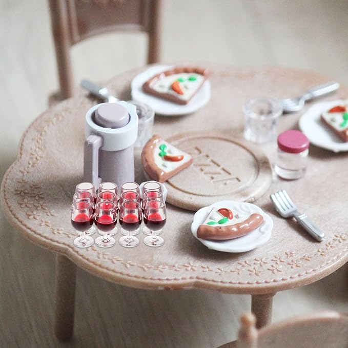 Mini Resin Wine Glasses Set 12Pcs 1.38 Inch Dollhouse Accessories with Keychain Holes for DIY Craft and Miniature Decor in Dark Red