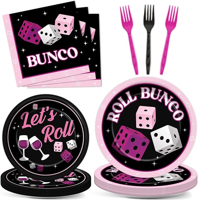 96Pcs Bunco Party Decorations Card Game Themed Tableware Pink Black Bunco Plates Napkins Forks And Napkins Let’s Roll Dinnerware Casino Night Bachelorette Party Supplies for Birthday Serves 24 Guests