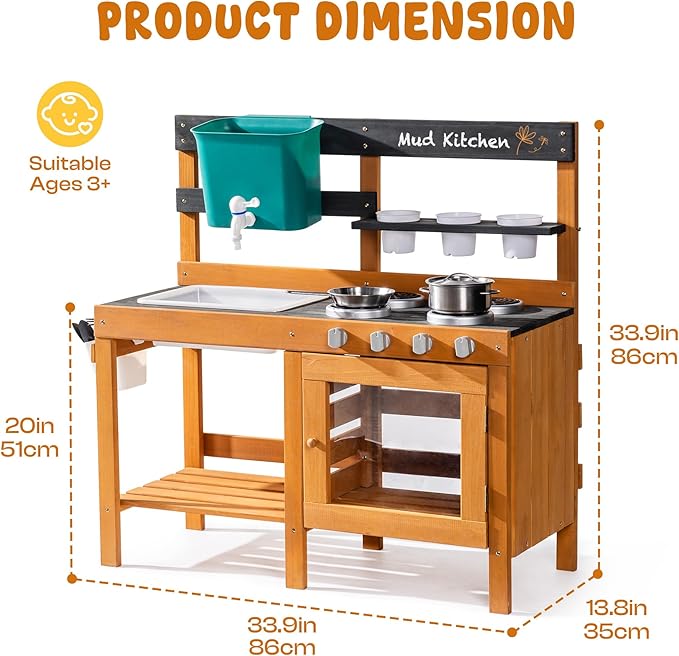 ROBOTIME Mud Kitchen for Kids Outdoor - Wooden Outdoor Play Kitchen Set with Real Water Play, Cooking Pots & Gardening Tools - Sensory Toy Kitchen for Pretend Play Ages 3+