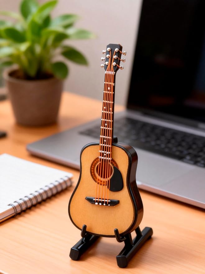Miniature Guitar Model, Wooden Mini Guitar with Stand and Case, 3.95in Dollhouse Guitar, Musical Instrument Model Home Decor(10CM)