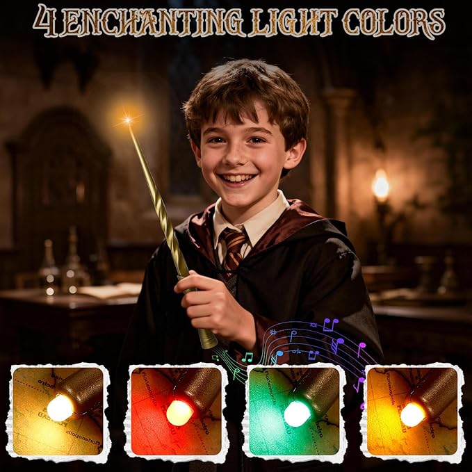 KingGlee Light Up Wizard Magic Wand Set with Sounds & 4 Light Modes – Illuminating Witch Wands for Kids Cosplay Birthday Gift, 2PCS, Golden