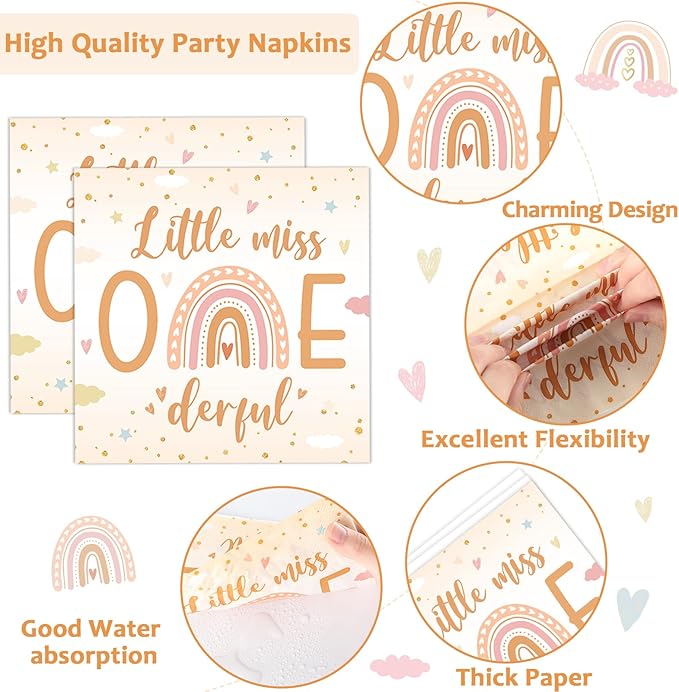 96Pcs Boho Rainbow Party Decorations Miss Little One Derful 1st Themed Tableware Rainbow First Birthday Plates Napkins Forks Onederful 1st Dinnerware Supplies for Baby Shower Birthday Serves 24 Guests
