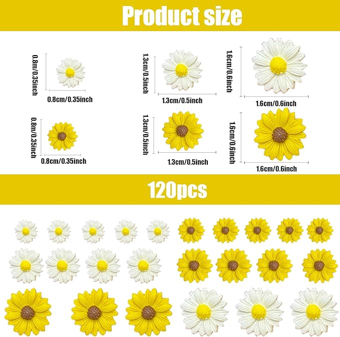 120PCS Resin Daisy Flower for Crafts Dollhouse Miniatures Resin Mini Things Tiny Daisy Flowers for Fairy Garden Dollhouse Micro Landscaping Decoration 3size (Daisy Flowers)