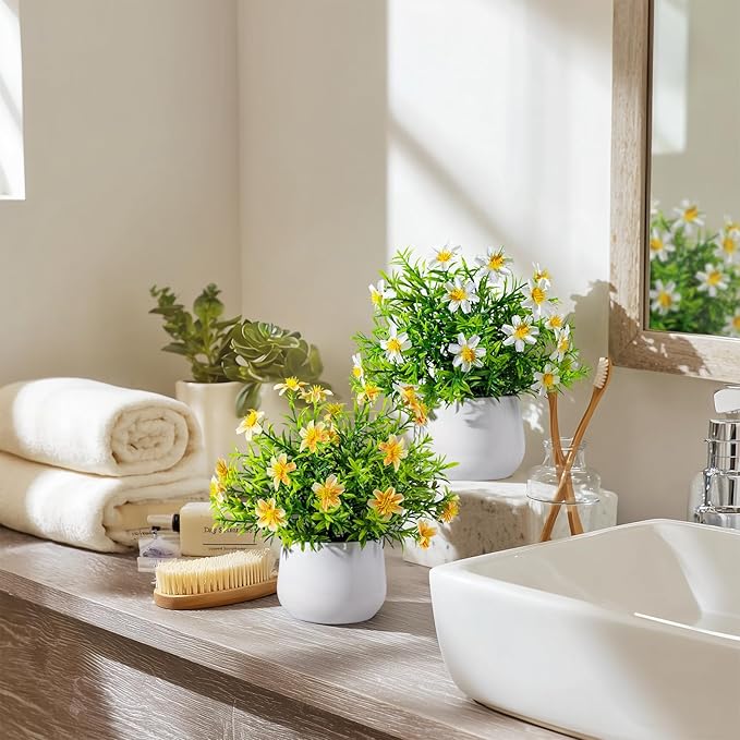 Yarmare 3 Pack Small Fake Plants Artificial Potted Flowers for Indoor Mini Faux Plants with Flowers Greenery for Home Decor Living Room Bathroom Bedroom Office Table Shelf (White+Pink+Yellow)