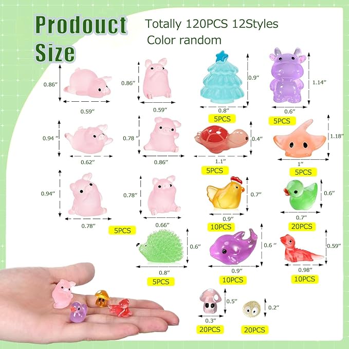 120 PCS Luminous Mini Resin Animal Figurines, 12 Styles, for Miniature Fairy Garden Accessories Micro Landscape Aquarium Garden, Glow in The Dark Tiny Animals