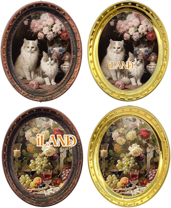 iLAND Miniature Dollhouse Accessories, 4 Dollhouse Picture Frames Set w/Printed Paintings (4 Golden Oval Frames w/ 4 Pictures)