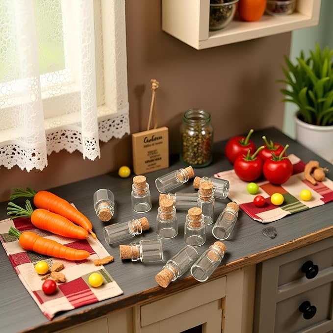 20Pcs Dollhouse Glass Jars Miniature: 1/12 Scale Glass Bottles Food Container for Kitchen Restaurant - Mini Canister Empty with Cork，Dollhouse Accessories，Dollhouses Décor