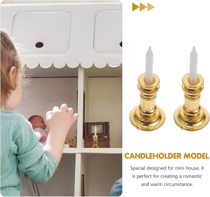 2Pcs Gold 1/12 Miniature Candle Holder Candlestick Dollhouse Accessories, DIY Micro Landscaping Decor