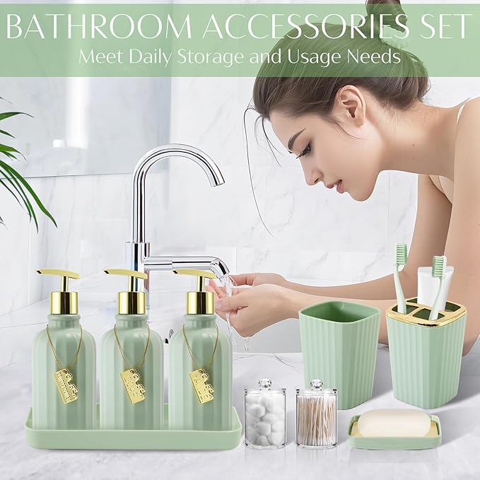 WSBArt 17PCS Bathroom Accessory Set Bathroom Set Green Bathroom Decor,Toilet Brush, Trash Can, Qtip Holder Dispenser& 3PCS Soap Dispenser