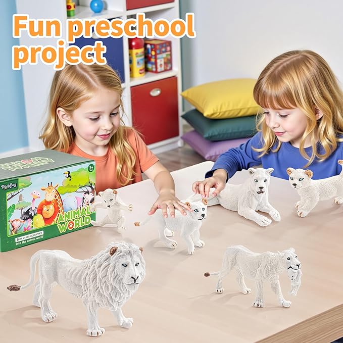 6PCS White Lion Toys Figurines Pride, African Jungle Animals Lion Family, Realistic Zoo Animal Toys, Preschool Toy Birthday Gift Cake Toppers for Kids Boys Girls