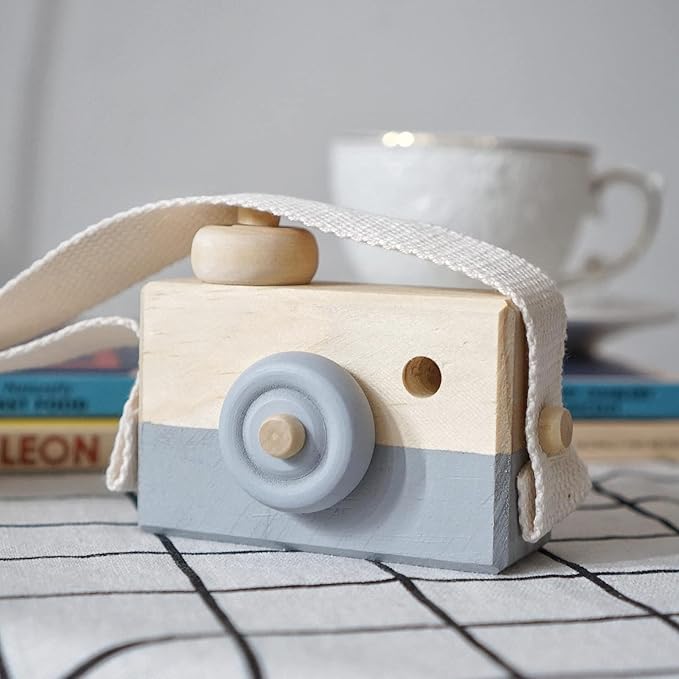 Baby Toy Wooden Mini Camera Toy, Baby Kids Cute Mini Sharpe Toy, Neck Hanging Photographed Props for Baby Toddlers Children Kids' Room Hanging Decor Gift (Gray)