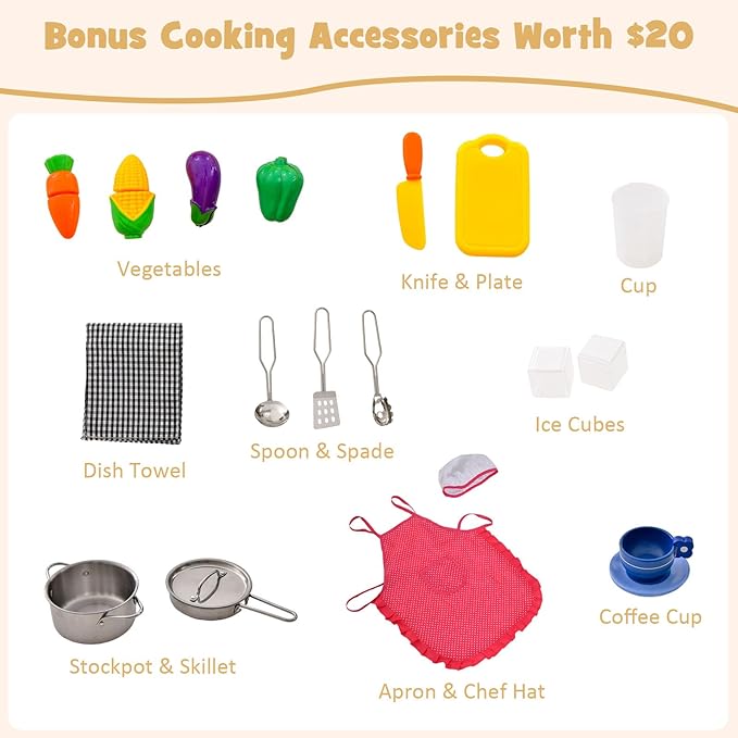 INFANS Kids Kitchen Playset with Lights, Toddler Wooden Pretend Cooking Set with Coffee Maker Ice Maker Stove Sink Microwave 2 Storage Bins, Simulation Play Kitchen Toy for Children Boys Girls