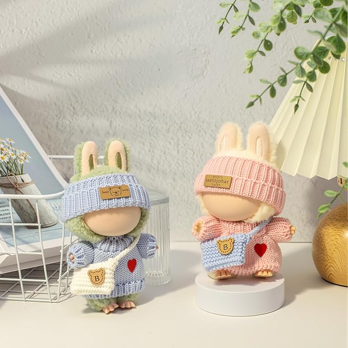 Clothes for LABUBU Doll (NO Doll), Handcrafted Crochet 3-Piece Accessories for LABUBU 17cm Dolls, Premium Outfit - Heart Sweater + Hat + Bag, Cute Clothes for Dress up Unique Style (Blue)