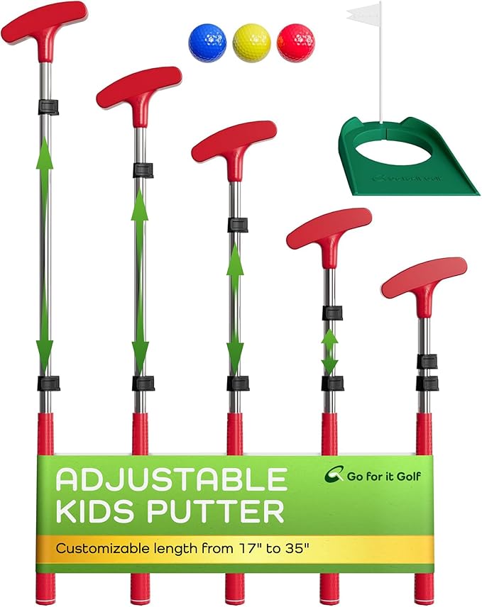 Go For It Golf Kids Putter - Extendable Shaft for Junior Golfers - Adjustable Size for Right and Left Hand - Perfect Training Club for Kids - Includes 3 Balls, Cup with Flag 17"-35"