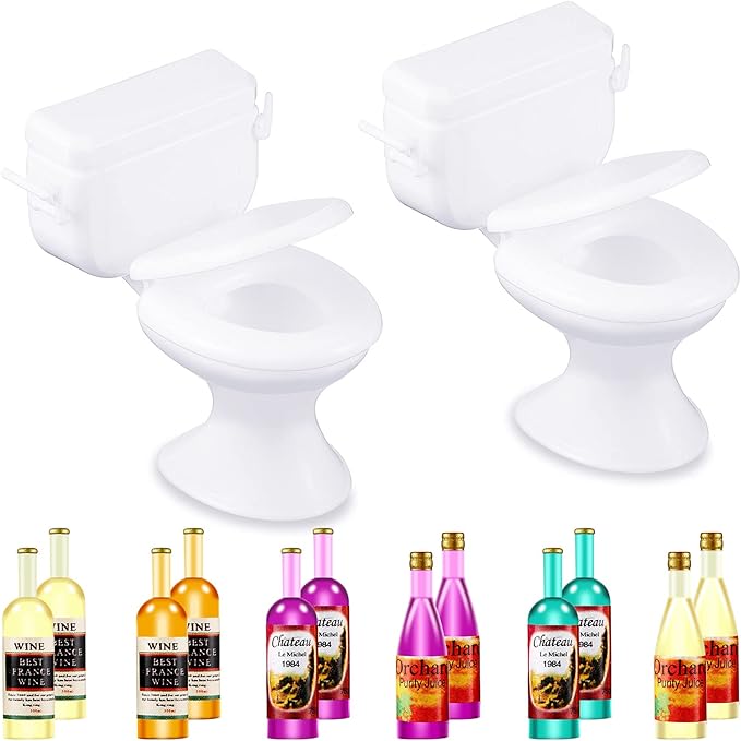 Harrycle 10 Pcs Miniature Wine Bottles with 2 Pieces Mini Toilet Cake Topper Dollhouse Cake Accessories Funny Tiny Toy Set for Celebrating Party Favor Birthday Party Decoration