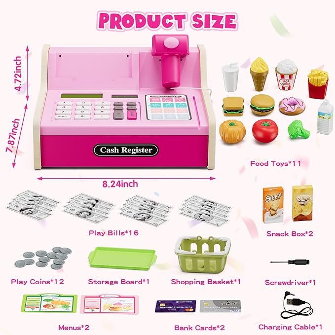 Wee Wonders Wooden Cash Register for Kids with Real Calculator, Rechargeable Cash Register Toy with Scanner/Play Money/Food/Credit Card/Menu, Pretend Play Toys Gifts for Boys Girls Ages 3-8,Color