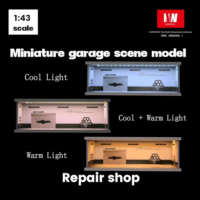 1/43 Diorama Display Case with Tri-Colour Dimmable Lighting, Fits for Hot Wheel Matchbox Mini GT Diecast Cars Model,1:43 Car Garage Parking Lot Scene Display Storage (Repair Shop)