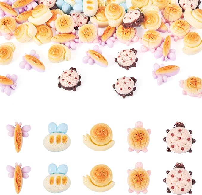 50Pcs Mini Resin Breads for Dollhouse Animal Shaped Food Cabochons Turtle Ladybug Snail Bee Dragonfly Mini Food Accessories for Micro Kitchen Garden Landscape Decoration