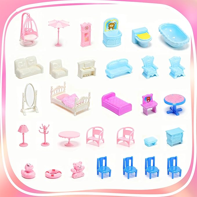 CUTE STONE Huge Dollhouse for Girls, Large Pretend Play Pink Doll House Gift for Kids