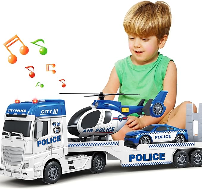 Kids Toys for 3 4 5 6 7 8 Years Old Boys, 25" Police Truck Toy with Racing Car and Helicopter, Toddler Friction Powered Truck Vehicle Toy with Lights, Sounds for Boys Girls Christmas Birthday Gifts