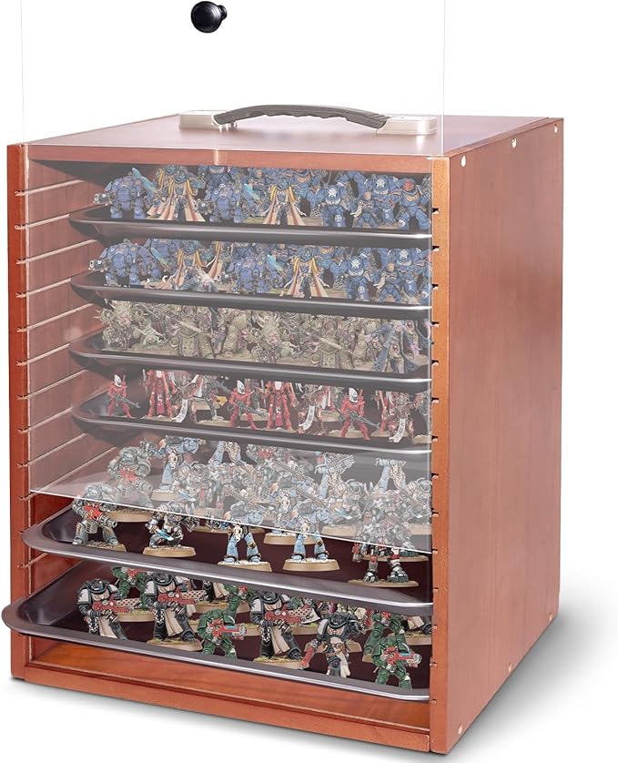 Miniature Display Case with 6 Removable Trays, Wooden Collectibles Storage Box with Clear Lid, Portable Miniatures Organizer for Tabletop Figurines & Models (Reddish Brown)