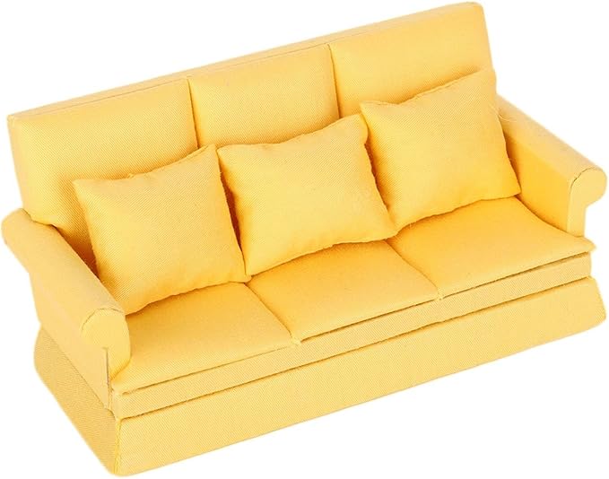 Dollhouse Furniture 1 12 Scale Couch Doll House Mini Sofa with 3Pcs Pillow Living Room Furniture Wooden Doll House Decoration Accessories Dolls House Living Room (Yellow)