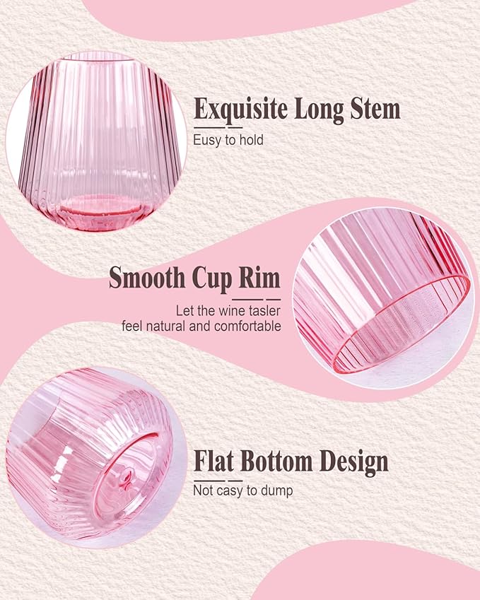 30 Pack Pink Plastic Ribbed Wine Glasses, 14 OZ Origami Stemless Disposable Wine Champagne Whiskey Glasses Unbreakable Clear Plastic Cocktail Glasses, Wine Cups for Party Wedding & Valentine's Day