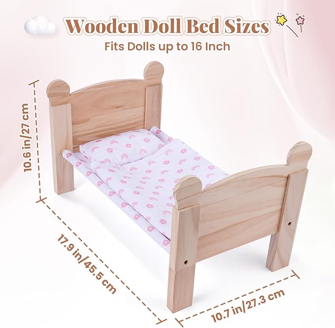 BABESIDE 3 Pcs Baby Doll Crib with Bedding Set for 12-16 Inch Babydolls, Wooden Dolls Furniture Doll Bed with Pillow and Blanket for Realistic Baby Doll Accessories
