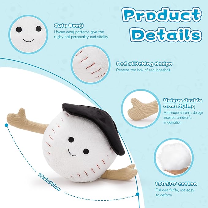 Muiteiur Baseball Plush Toy, Stuffed Ball Plush with Cute Smile & Baseball Cap, Soft Stuffed Sports Toy, for Kids Girls Boys Fans