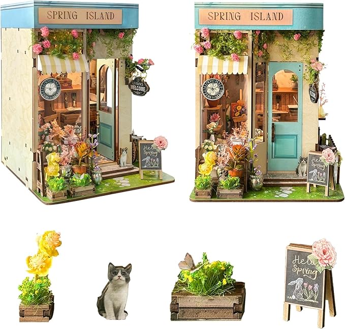 DIY Book Nook Kit - 3D Wooden Puzzle Miniature Dollhouse Bookshelf Decor Bookend Craft Model Kits for Adults to Build - Spring Island(SQ-46)
