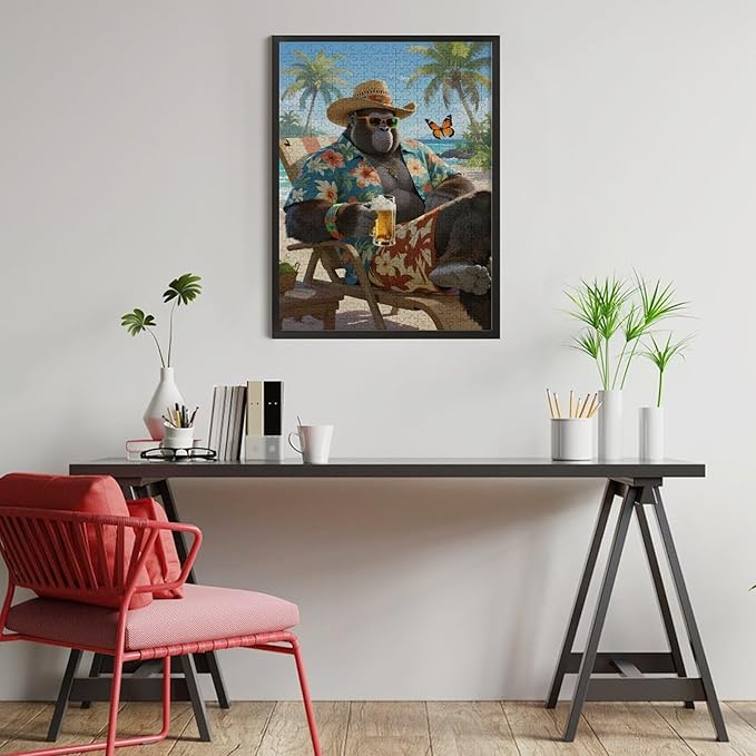 Summer Gorilla – 500 Piece Jungle Animal Wooden Jigsaw Puzzle, Summer Gorilla Illustration, Family Fun, Brain Challenge, Relaxing Hobby