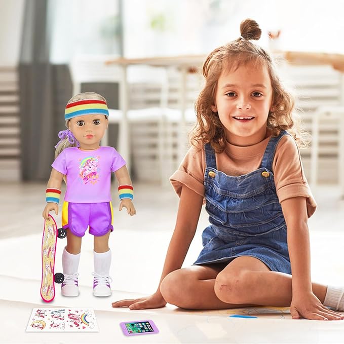American 18 Inch Doll Skateboard Outfit Set for - 11pcs Fashion Doll Clothes and Accessories