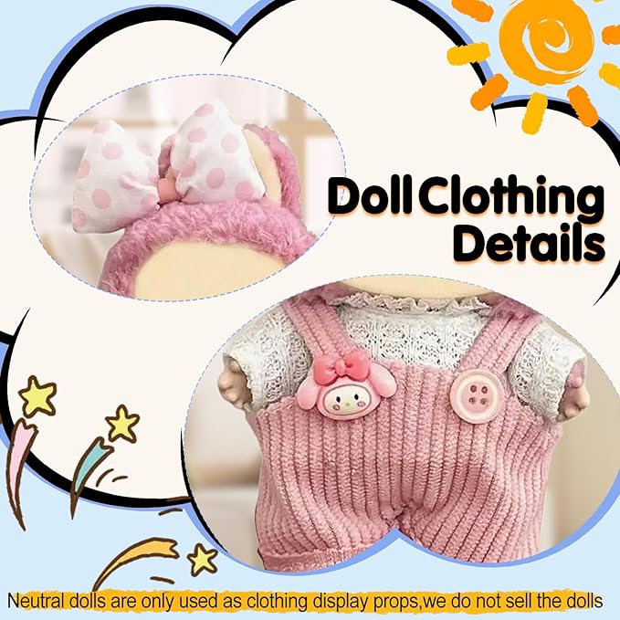 17cm Doll Clothes(NO Doll), Cute Dolls Outfit Accessories with Hair Clip + Top + Suspenders Pants, Small Kawaii Clothes Set for Dolls(Style 8)