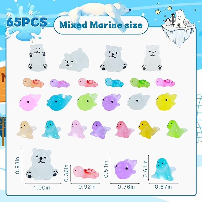 65 Pcs Luminous Mini Sea Animals Small Turtles Dolphins Seals Polar Bears Figurines Glow in The Dark Tiny Ocean AnimalsSets for Garden Landscape Aquarium Hide and Seek Prank Cake Decoration