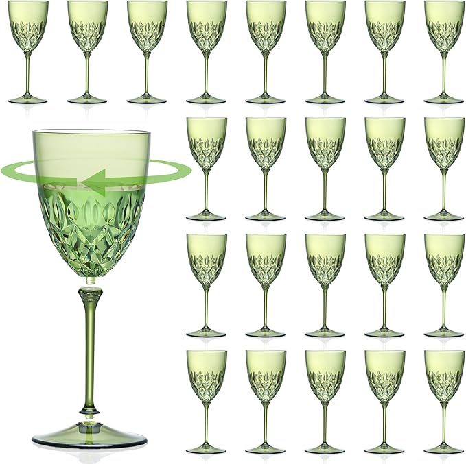 SKLENICE 24 pcs Plastic Green Wine Glasses Set 7.4oz Detachable Small Wine Goblet Champagne Flutes Unbreakable Vintage Diamond Stemware Mimosa Drinking Glassware for Wedding Christmas Event Party
