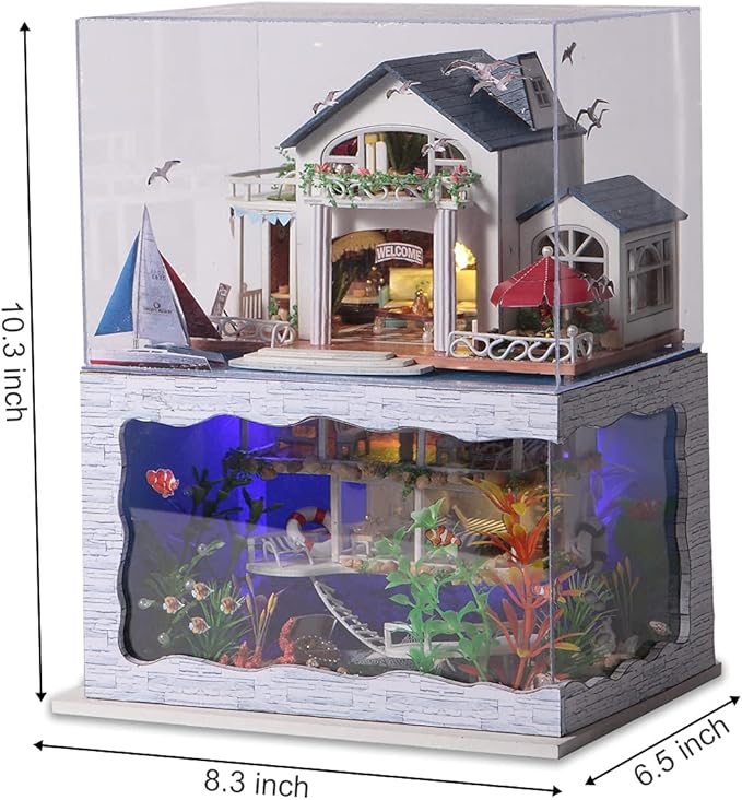 GuDoQi DIY Miniature Dollhouse Kit, Tiny House kit with Furniture and Dust Proof, Miniature House Kit 1:24 Scale Beachside Bungalow, Great Handmade Crafts Gift for Birthday Christmas Day