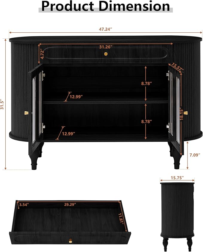 47'' Fluted Sideboard Buffer Cabinet with Drawer, Modern Credenza Storage Cabinet, Bar Cabinet Console Table with Tambour Sliding Side for Living Dining Room Kitchen Hallway Entryway, Black