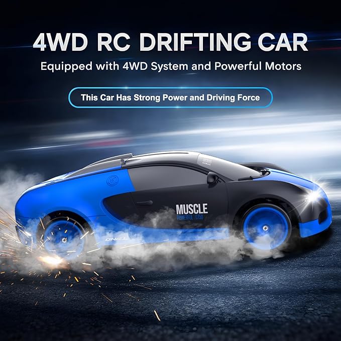 Remote Control Car RC Drift Car 2.4GHz 1:24 Scale 4WD 15KM/H High Speed Model Vehicle with LED Lights Drifting Tire Racing Sport Toy Car for Adults Boys Girls Kids Gift 2Pcs Rechargeable Batteries