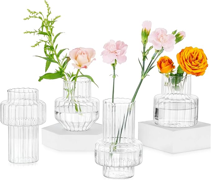 Glasseam Glass Bud Vases for Centerpieces: 4Pcs Clear Small Vase for Flowers Wedding Table Centerpieces - Modern Mini Decorations for Cute Vintage Home Living Room Decor