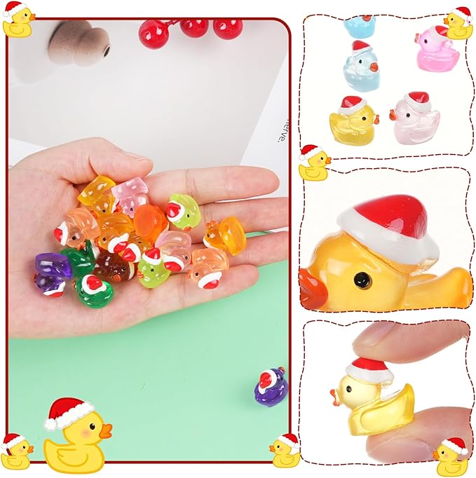 160Pcs Luminous Christmas Mini Ducks, Glow in The Dark Xmas Mini Resin Ducks with Santa Hats, 16 Colors Tiny Ducks Bulk for Micro Fairy Garden DIY Miniature Dollhouse Decor