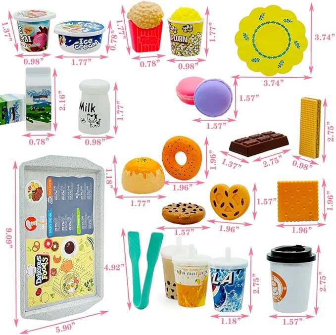 Pretend Play Kitchen Mini Foods Set for Kids Hamburger Fries Noodles Drink with Tray Playset,Play House Kitchen Accessories Role Toys Birthday Gifts for Boys Girls 3 4 5 Yrs (29Pcs Dessert Drinks)