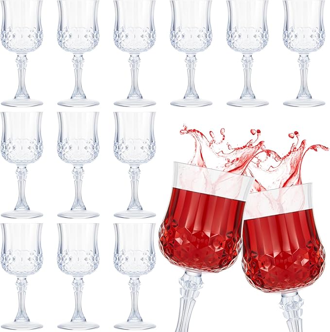 Pinkunn 12 Pcs 7 oz Plastic Vintage Wine Glasses Reusable Colored Goblets Patterned Drinking Water Glasses Cup Dishwasher Safe for Valentine's Day Wedding Reception Party Supplies (Transparent)