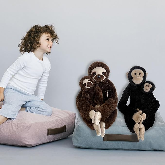 2pcs Chimpanzee Hanging Stuffed Animal Mother with Baby Hangs Plush Toys, Hooks and Stuffed Animals with Rings for Kids, Gifts for Boys and Girls（Black）