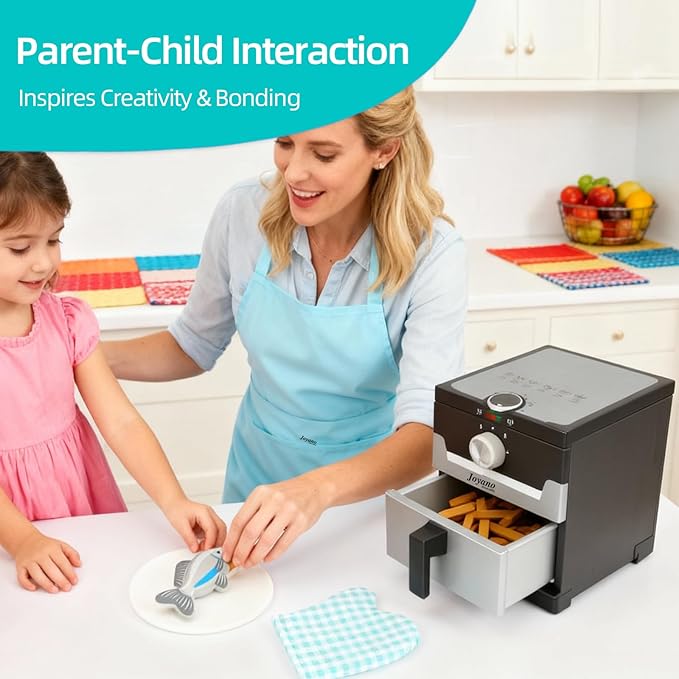 15-PCs Wooden Air Fryer/18-PCs Pressure Cooker Playset for Kids Pretend Cooking Toy with Food Accessories Utensils Montessori Kitchen Role Play (Air Fryer)