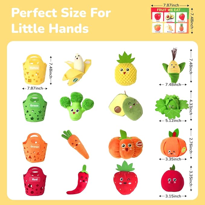 Baby Sensory Toys - Plush Color Sorting Fruit Veggie Baby Toys 6-12 Months, Pretend Play Food with Rattle Crinkle for Toddlers 1-3, Montessori Toys for 1 Year Old Boys Girls Birthday