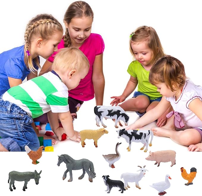 12 PCS Animals Figures,Mini Farm Animal Figurines,Plastic Farm Animal Figures Set,Animals Learning Educational Toys Cake Toppers Birthday Gift for Kids